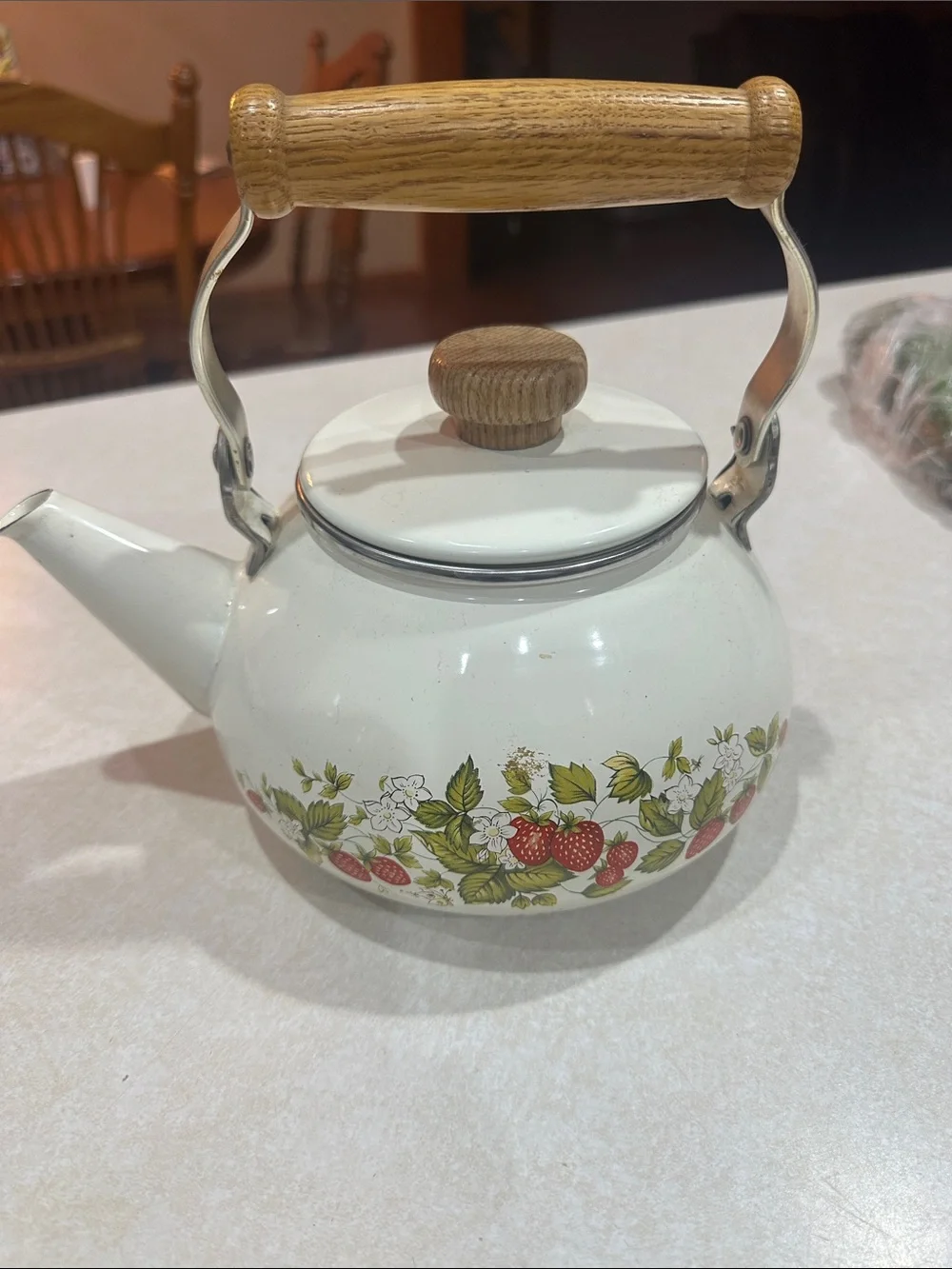 White Enamel Strawberry-Print Teapot with Wooden Handle
